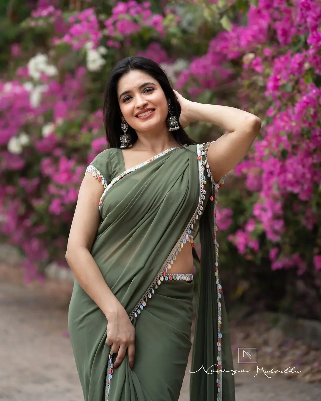 Rathika Rose Wearing Green Saree Sleeveless Blouse